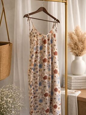 Floral Tie-Shoulder Slip romper - Cream with Blue & Rust Flowers